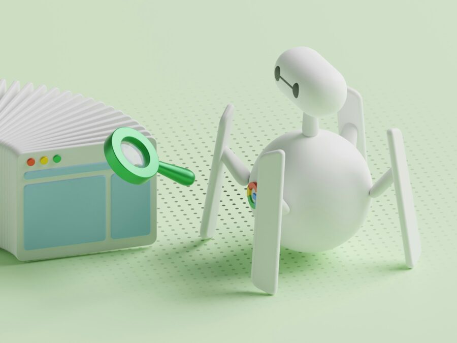 A robot with a Google logo looking at webpages.