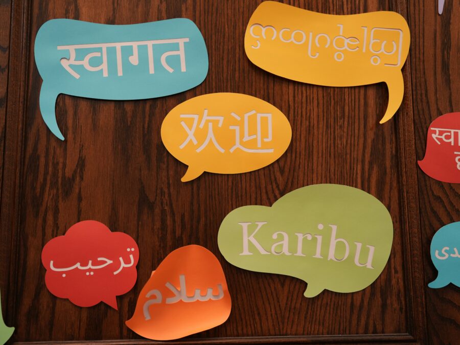 Word bubbles with words from various languages inside them.